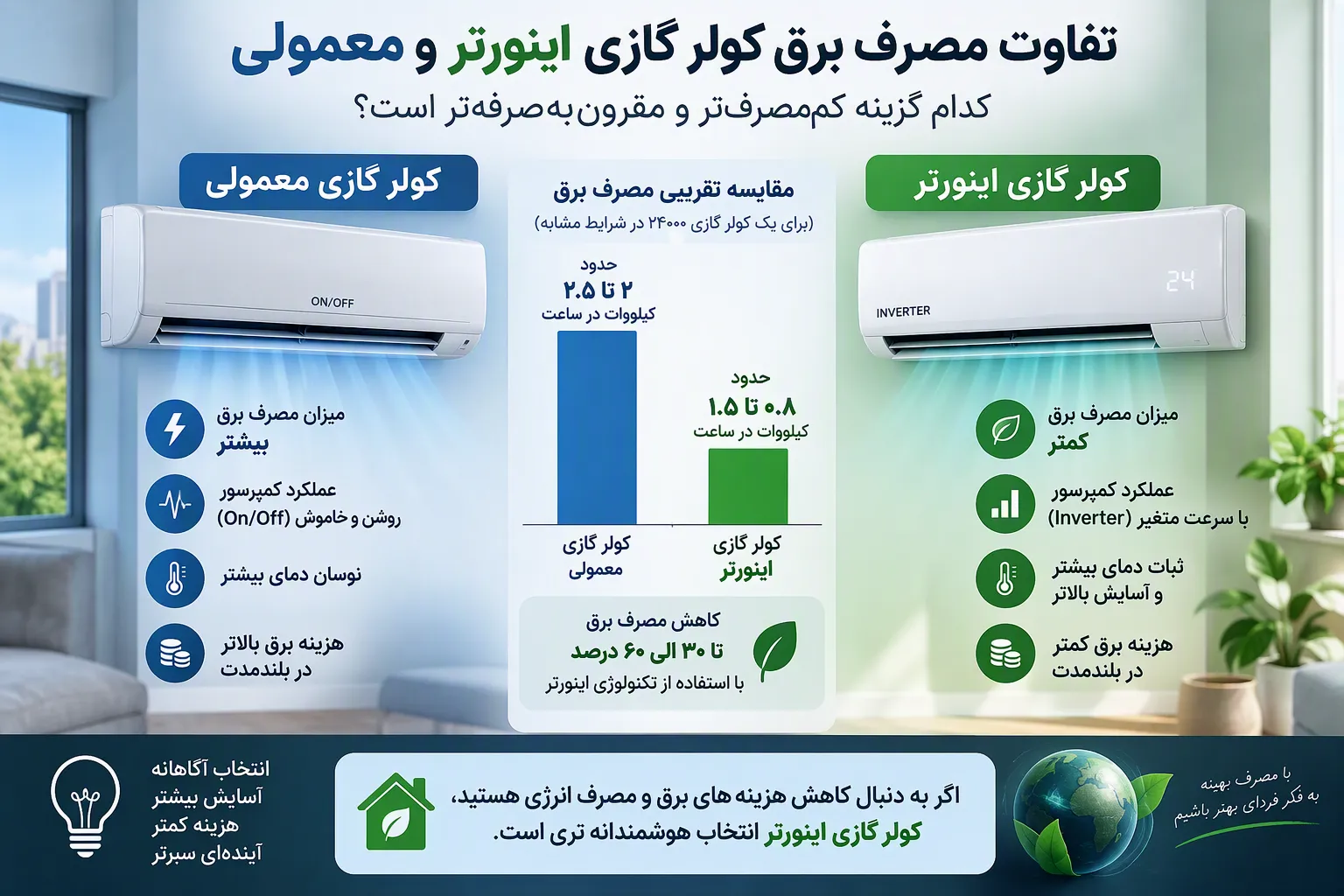 تفاوت مصرف برق کولر گازی اینورتر و معمولی